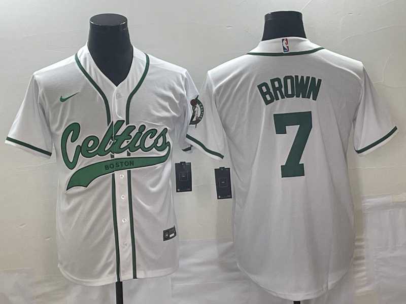 Mens Boston Celtics #7 Jaylen Brown White With Patch Stitched Baseball Jersey
